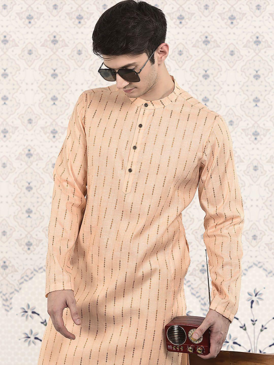 ode by house of pataudi orange & brown stripes woven design mandarin collar jacquard kurta