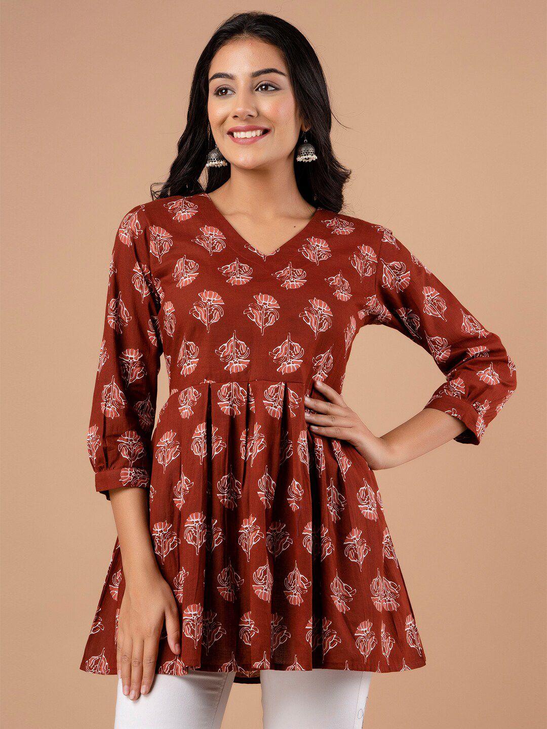 feranoid floral printed v-neck pure cotton pleated kurti