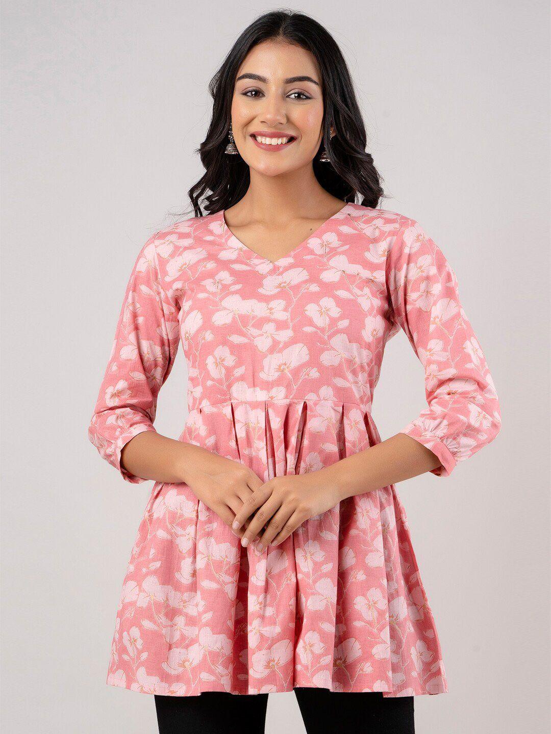 feranoid floral printed v-neck pure cotton pleated kurti