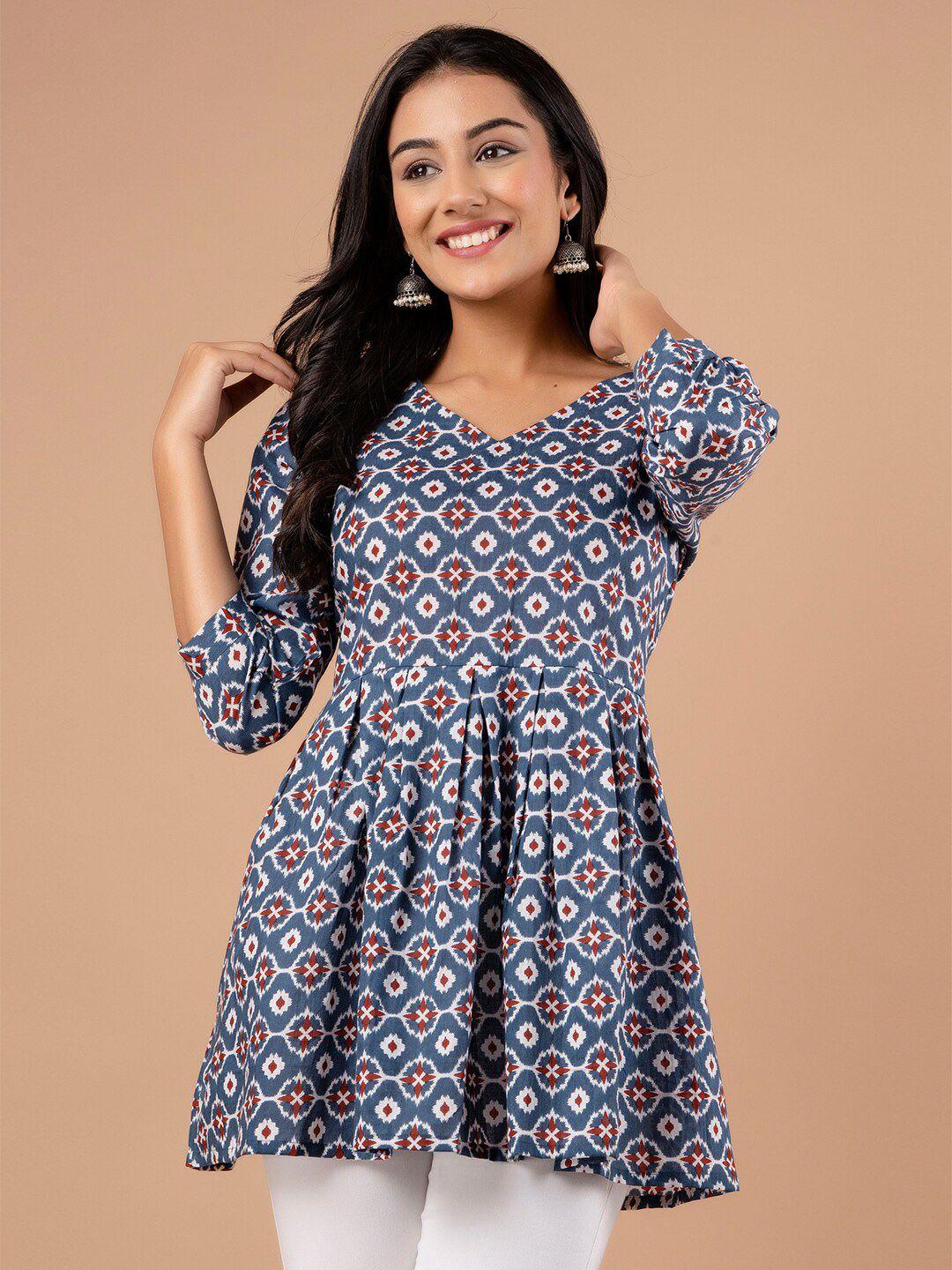 feranoid ethnic motifs printed v-neck pure cotton pleated kurti