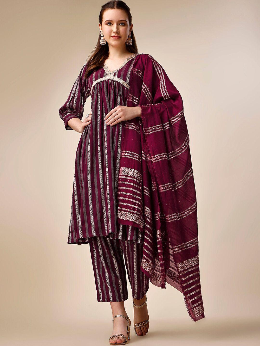 jatriqq striped gotta patti pleated a-line kurta with trousers & dupatta