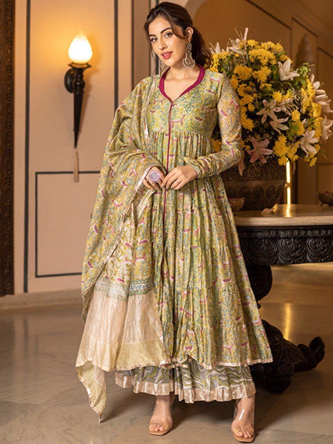 aachho floral printed gotta patti anarkali kurta with sharara & dupatta