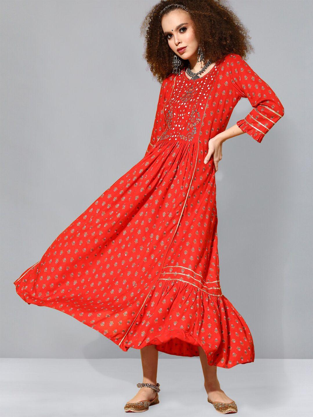 kvsfab floral printed gota patti embroidered a-line cotton ethnic dress