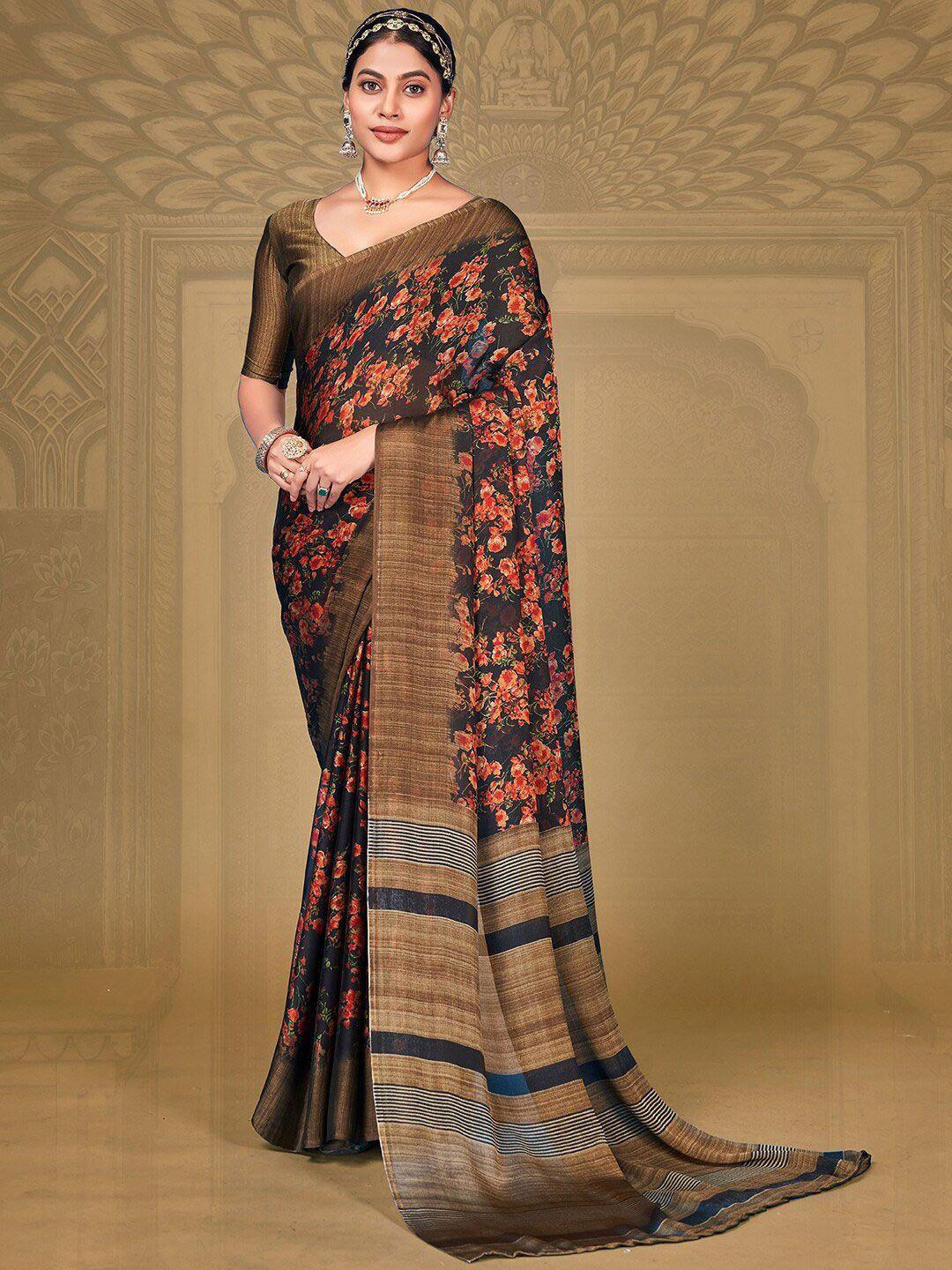 anouk navy blue & beige floral printed chiffon saree