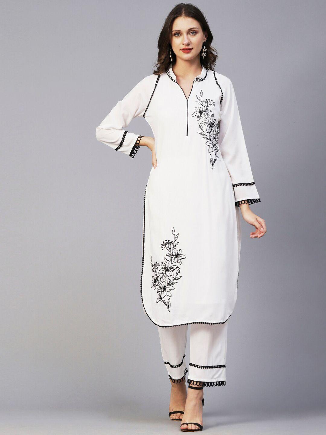 fashor white & black floral embroidered curved kurta with trousers