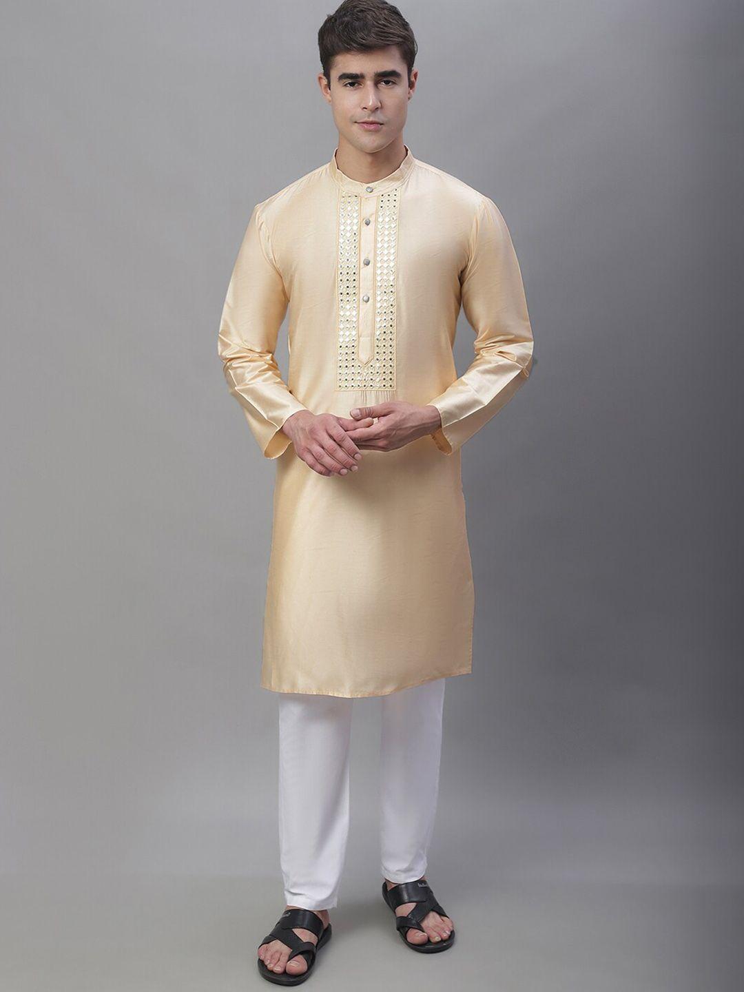 anouk cream-coloured band collar mirror work kurta