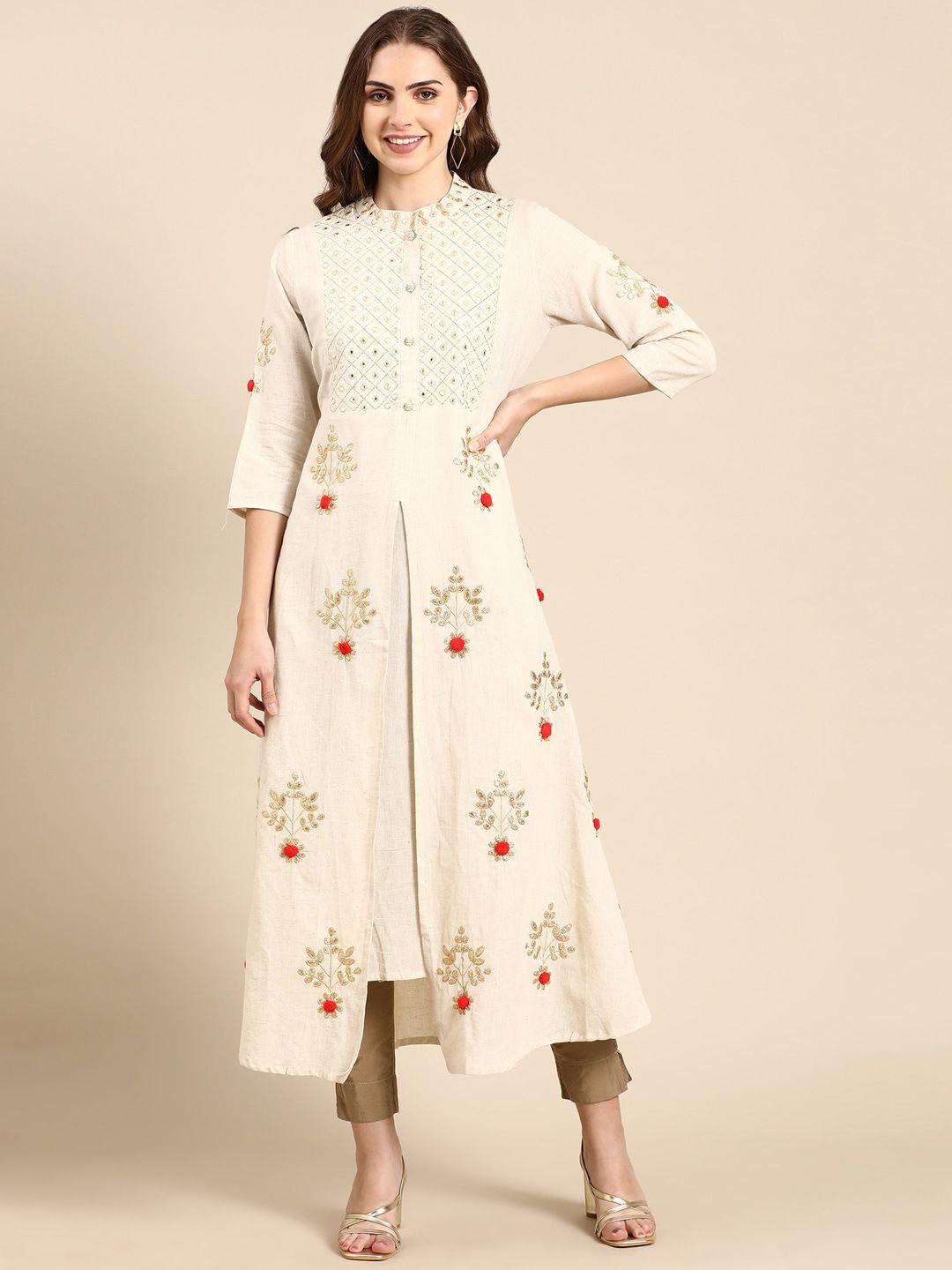 showoff floral embroidered mandarin collar mirror work a-line kurta