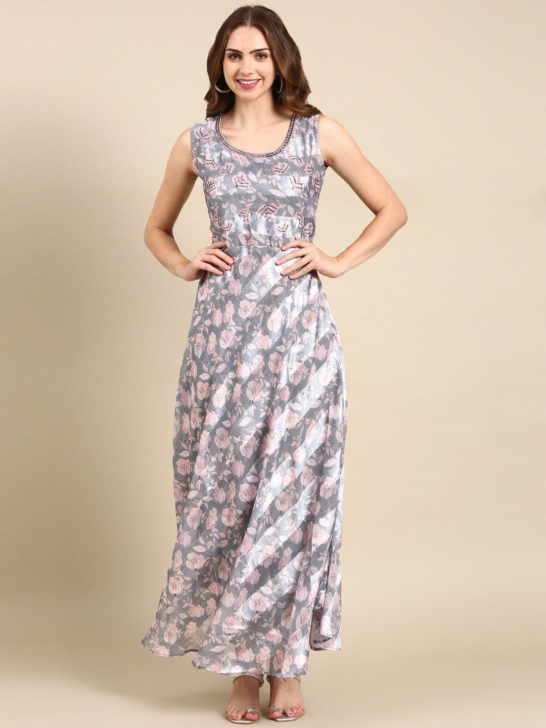 showoff floral printed beads & stones fit & flare ethnic dress