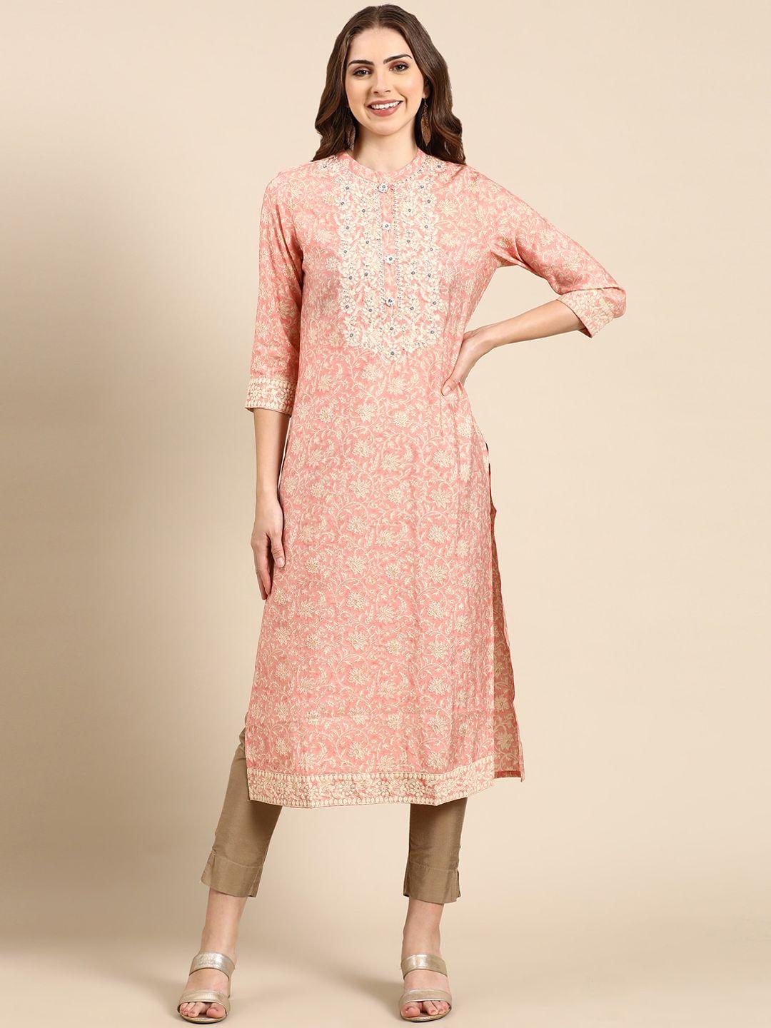 showoff floral printed mandarin collar thread work kurta