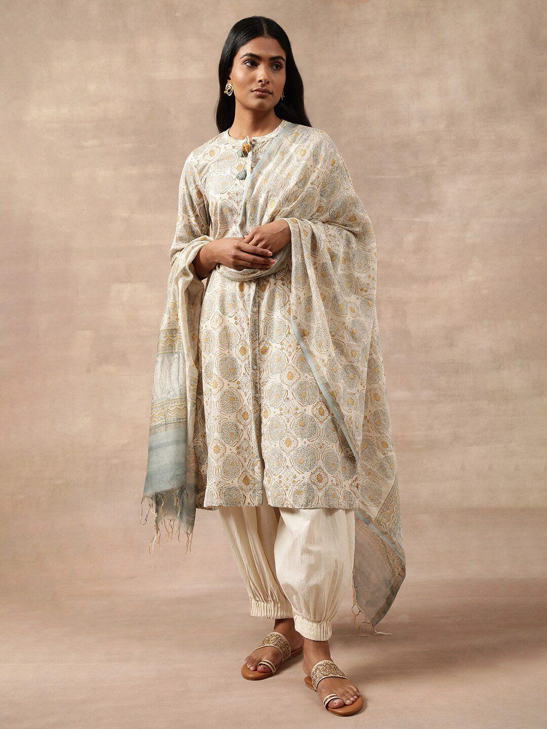 w white & mustard ethnic motifs printed dupatta