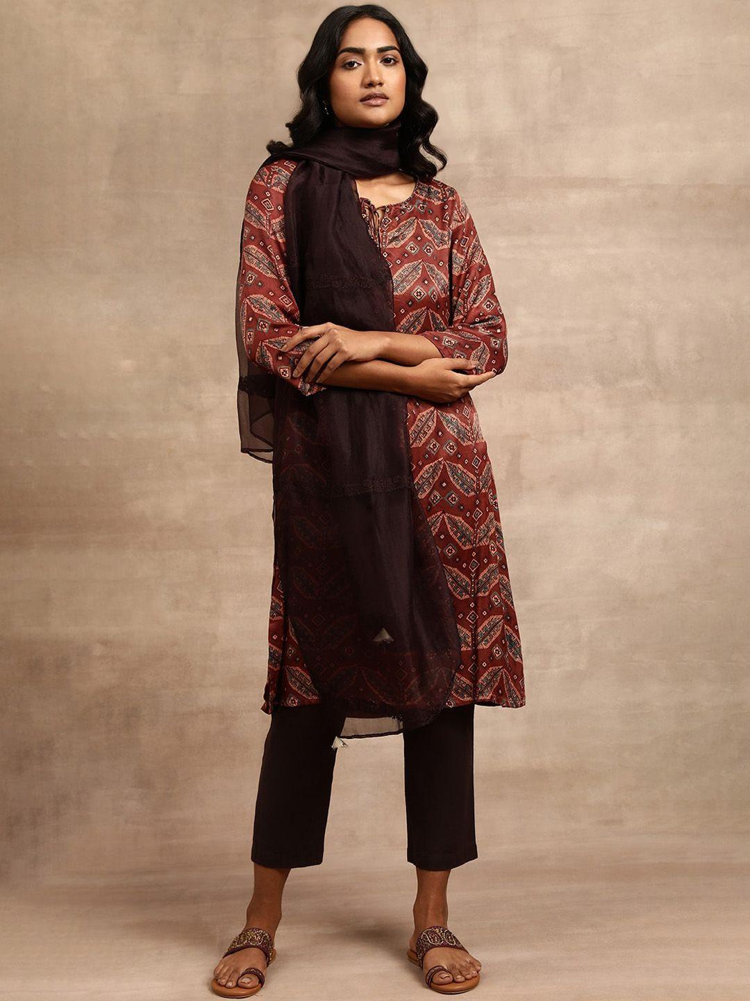 w red & beige & black ethnic motifs printed tie-up neck kurta