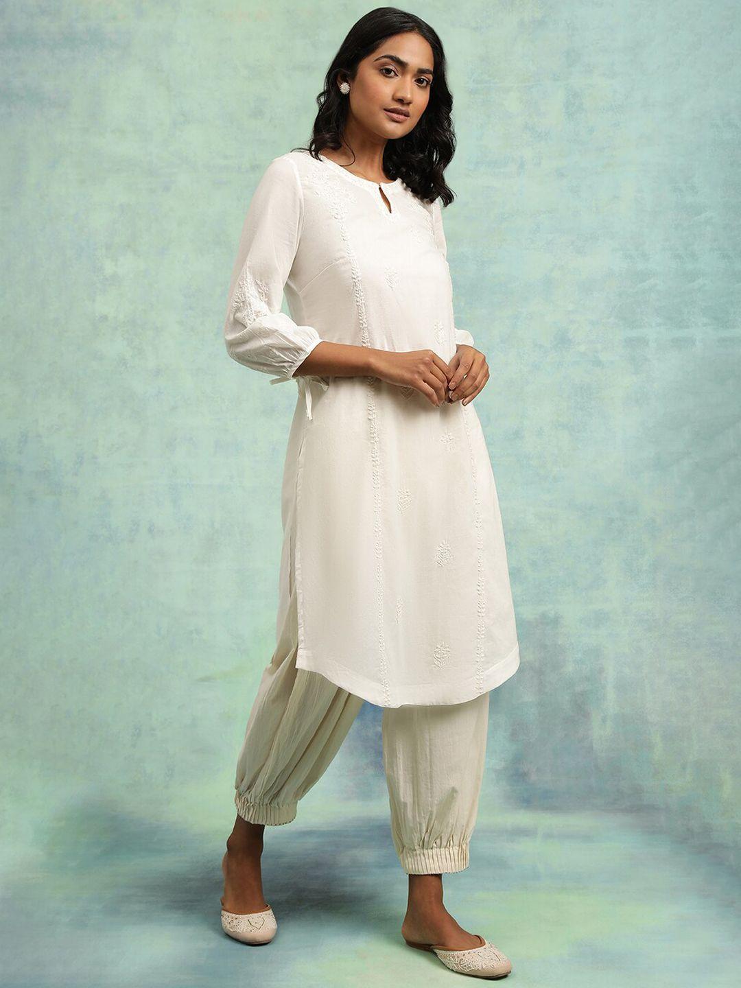 w white floral embroidered keyhole neck pure cotton regular kurta