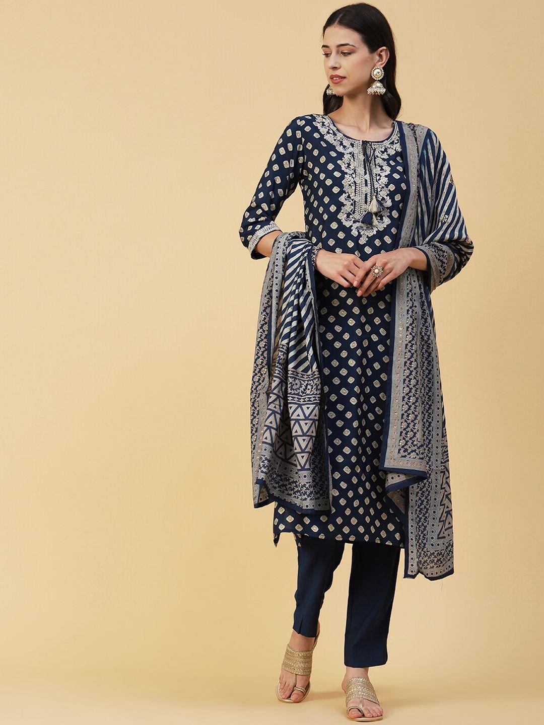 fashor ethnic motifs printed regular kurta with trousers & with dupatta