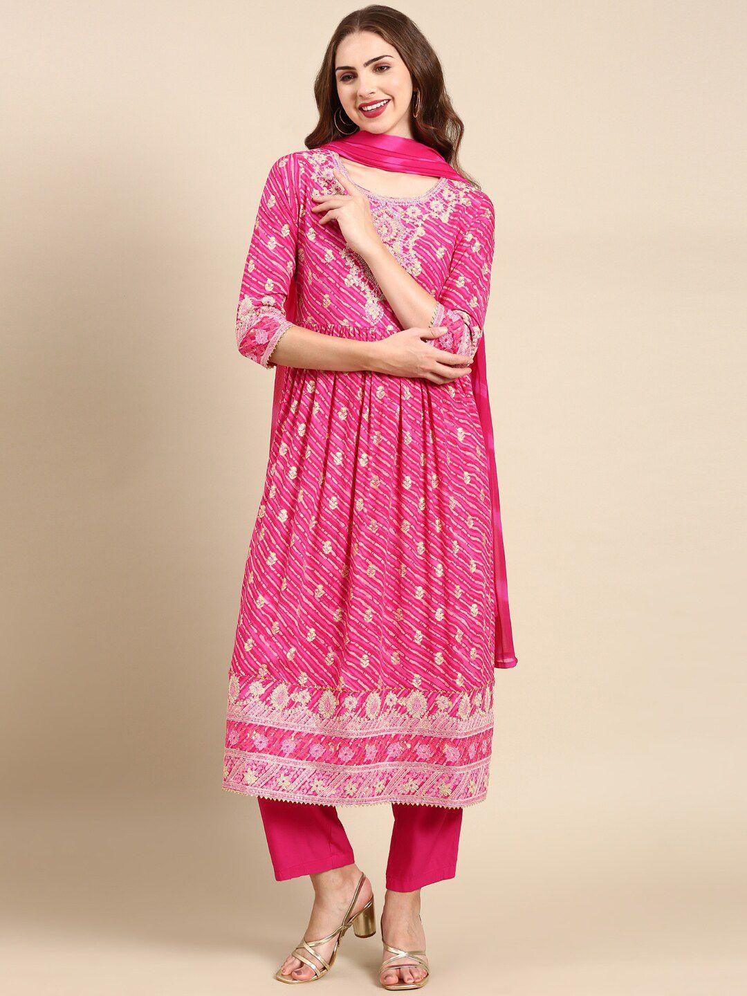 showoff leheriya printed zari a-line kurta with trousers & dupatta