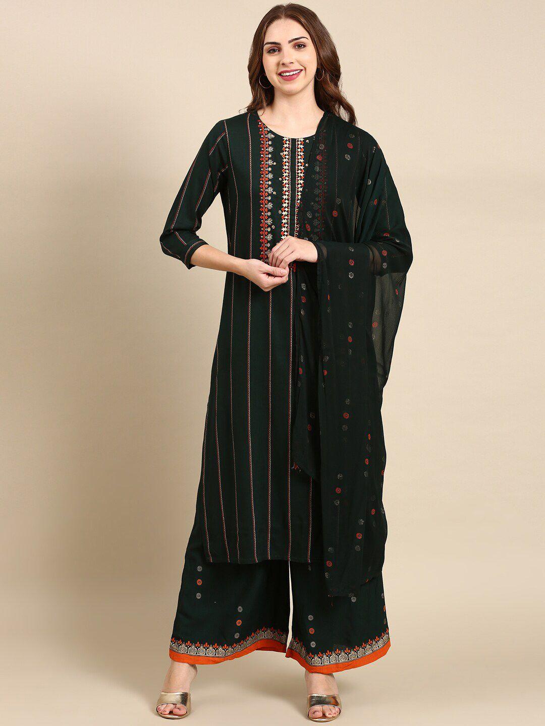 showoff striped regular thread work kurta with palazzos & with dupatta