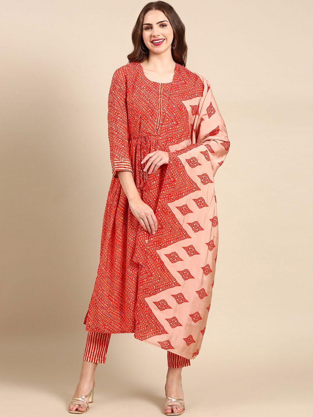 showoff bandhani printed beads and stones dupion silk kurta with trousers & dupatta