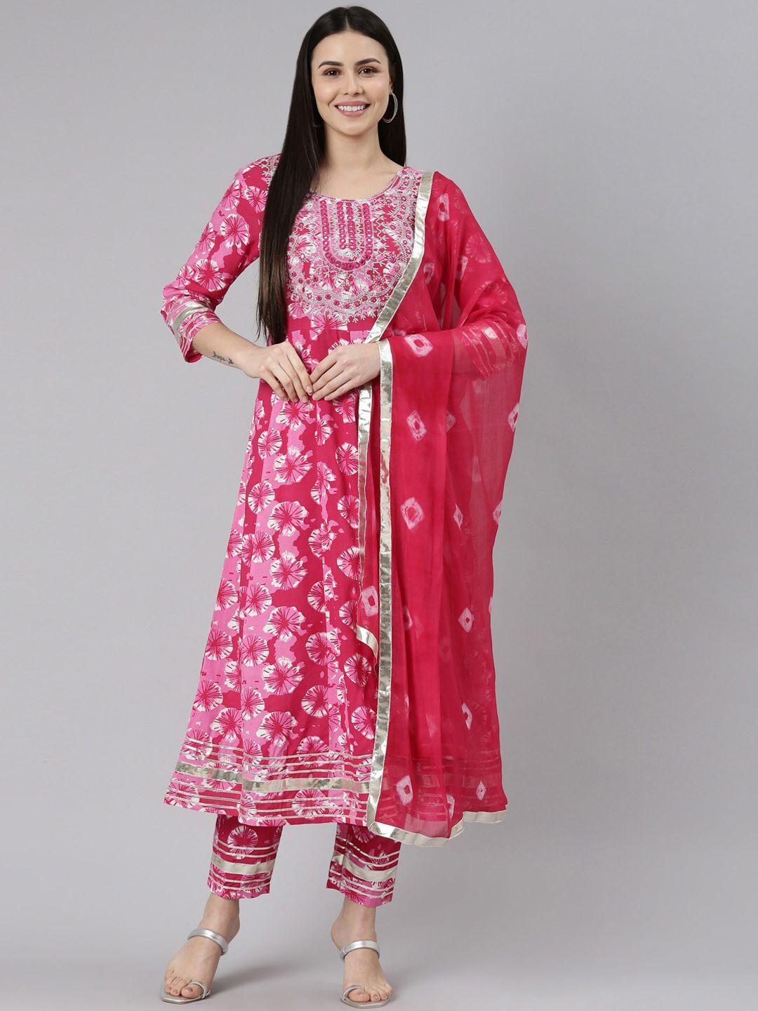 kalini floral printed thread work a-line kurta with trousers & dupatta