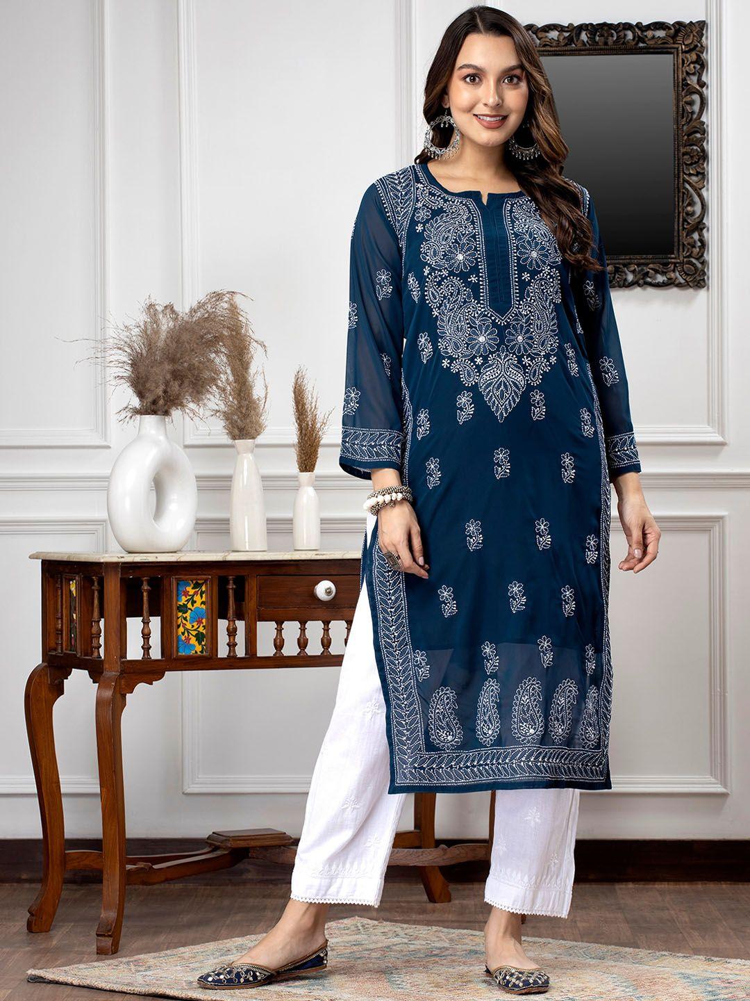 paramount chikan ethnic motifs embroidered chikankari georgette kurta with slip