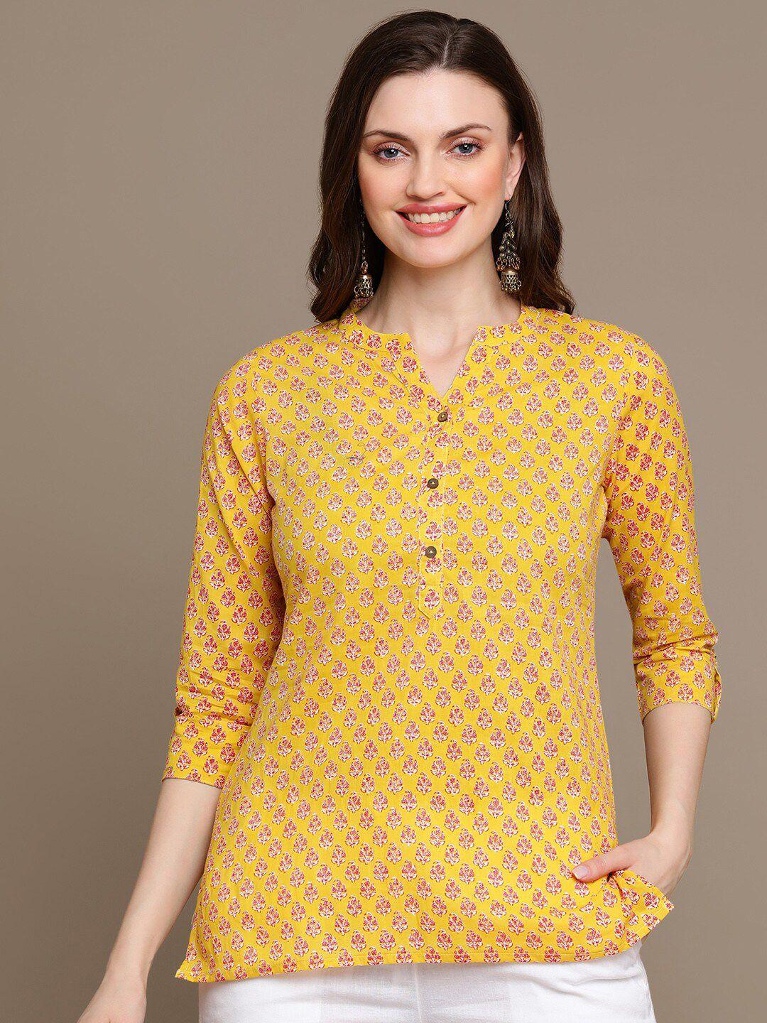 here&now yellow & red ethnic motifs printed pure cotton kurti