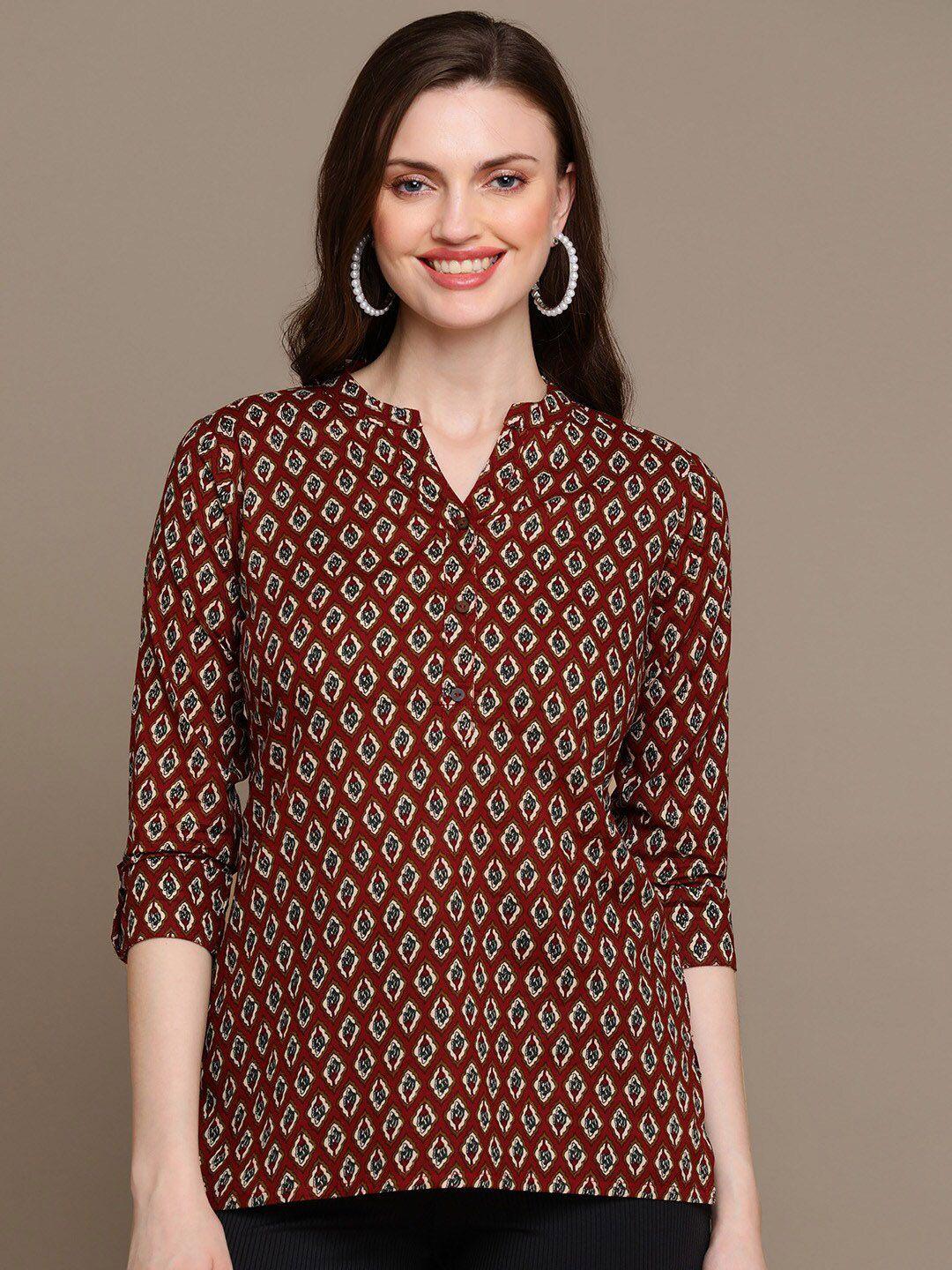 here&now red & beige floral printed pure cotton kurti