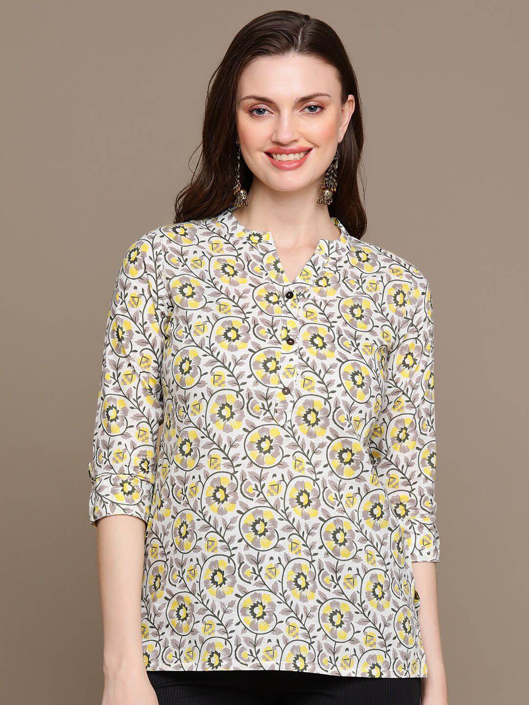 here&now grey & white ethnic motifs printed pure cotton kurti