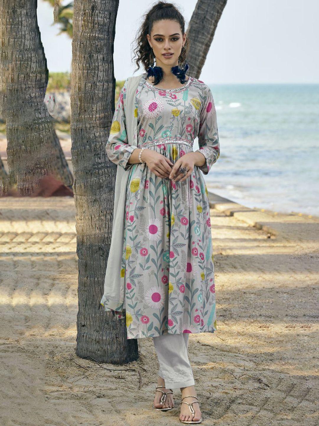 autumn lane floral printed mirror work pure cotton kurta with trousers & dupatta