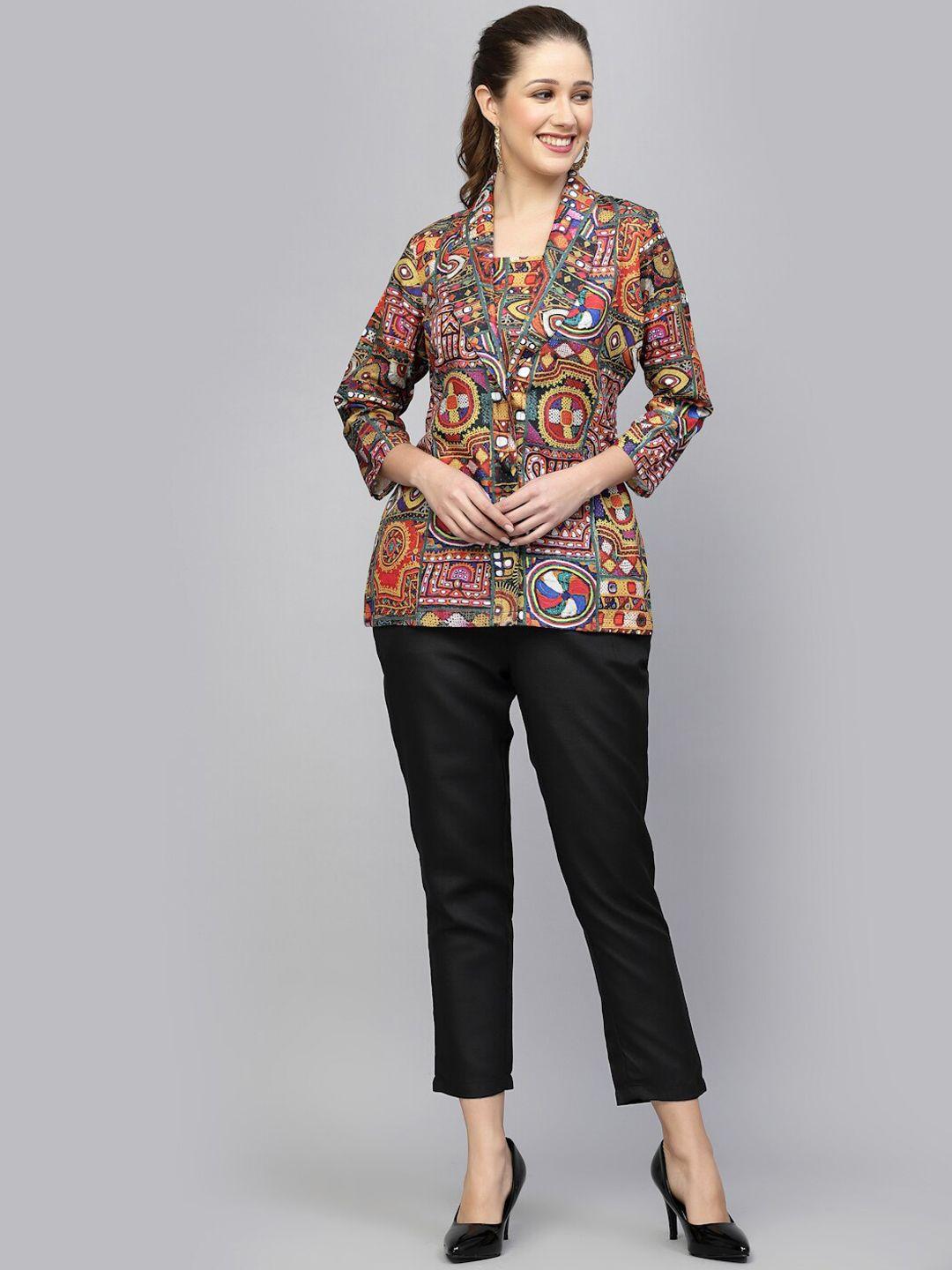 get glamr ethnic printed crop top and trousers with jacket