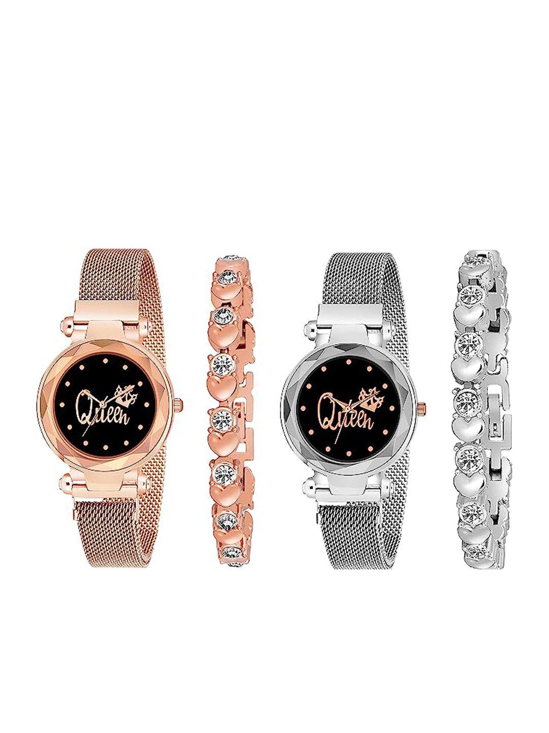 cero women pack of 2 analogue watches & bracelets c-com-4-queen-silver-gold-551