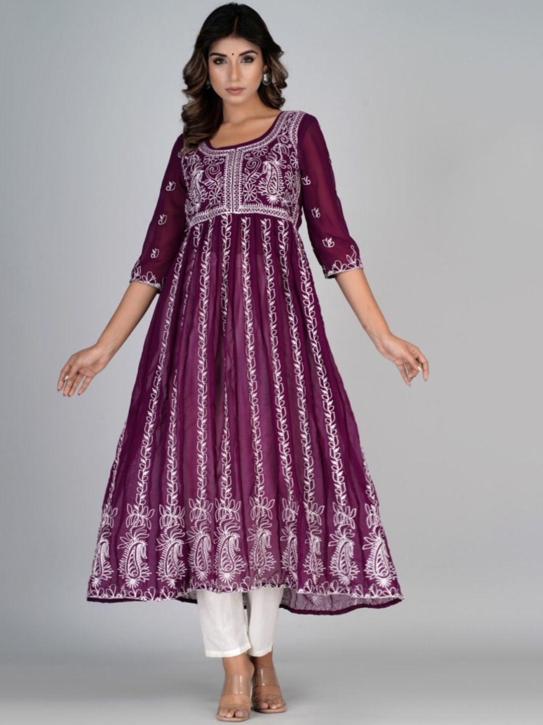 here&now purple & white floral embroidered paneled georgette anarkali kurta