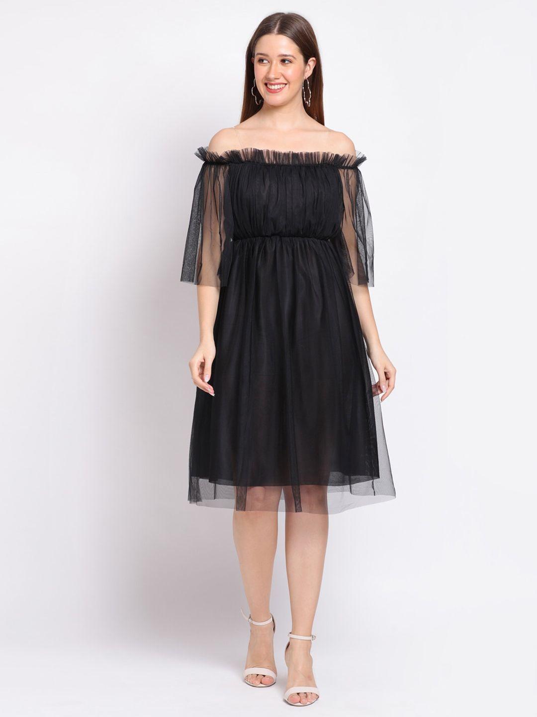 here&now black off-shoulder pleated net fit & flare dress