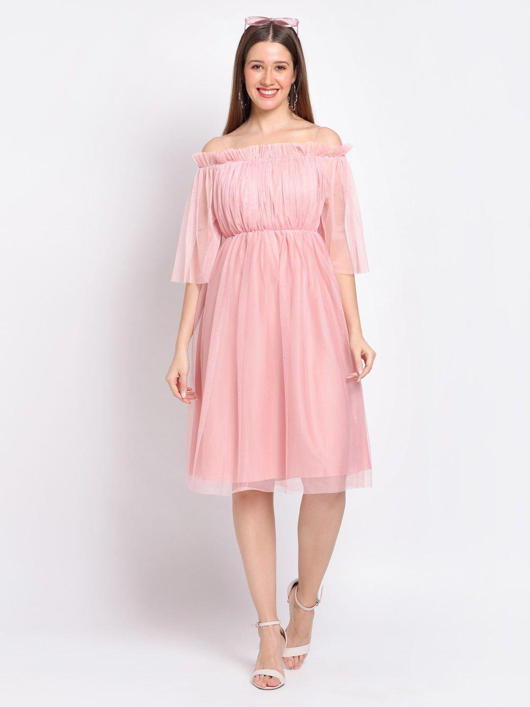 here&now off-shoulder satin fit & flare dress