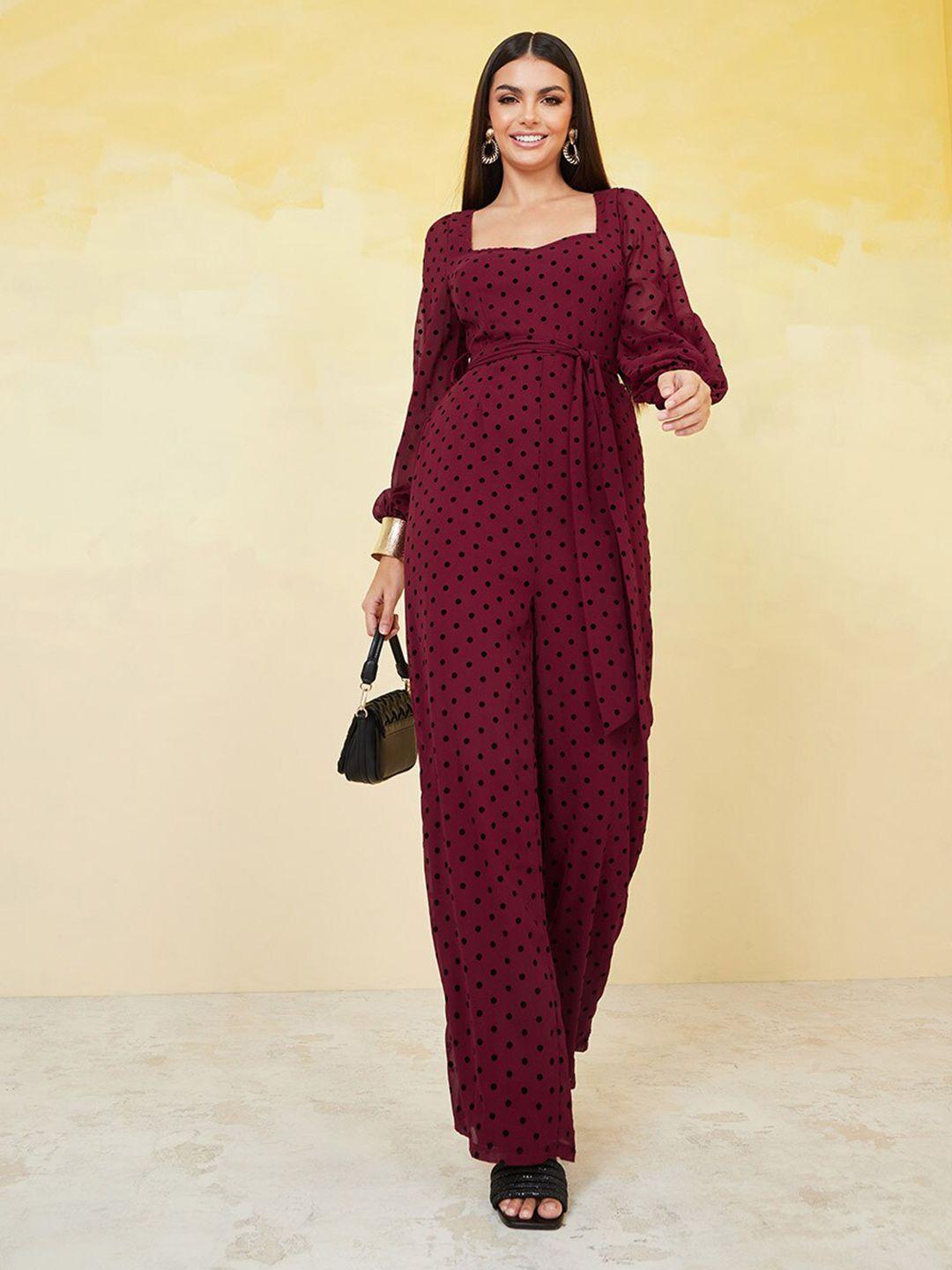 styli burgundy & black polka dots printed basic jumpsuit