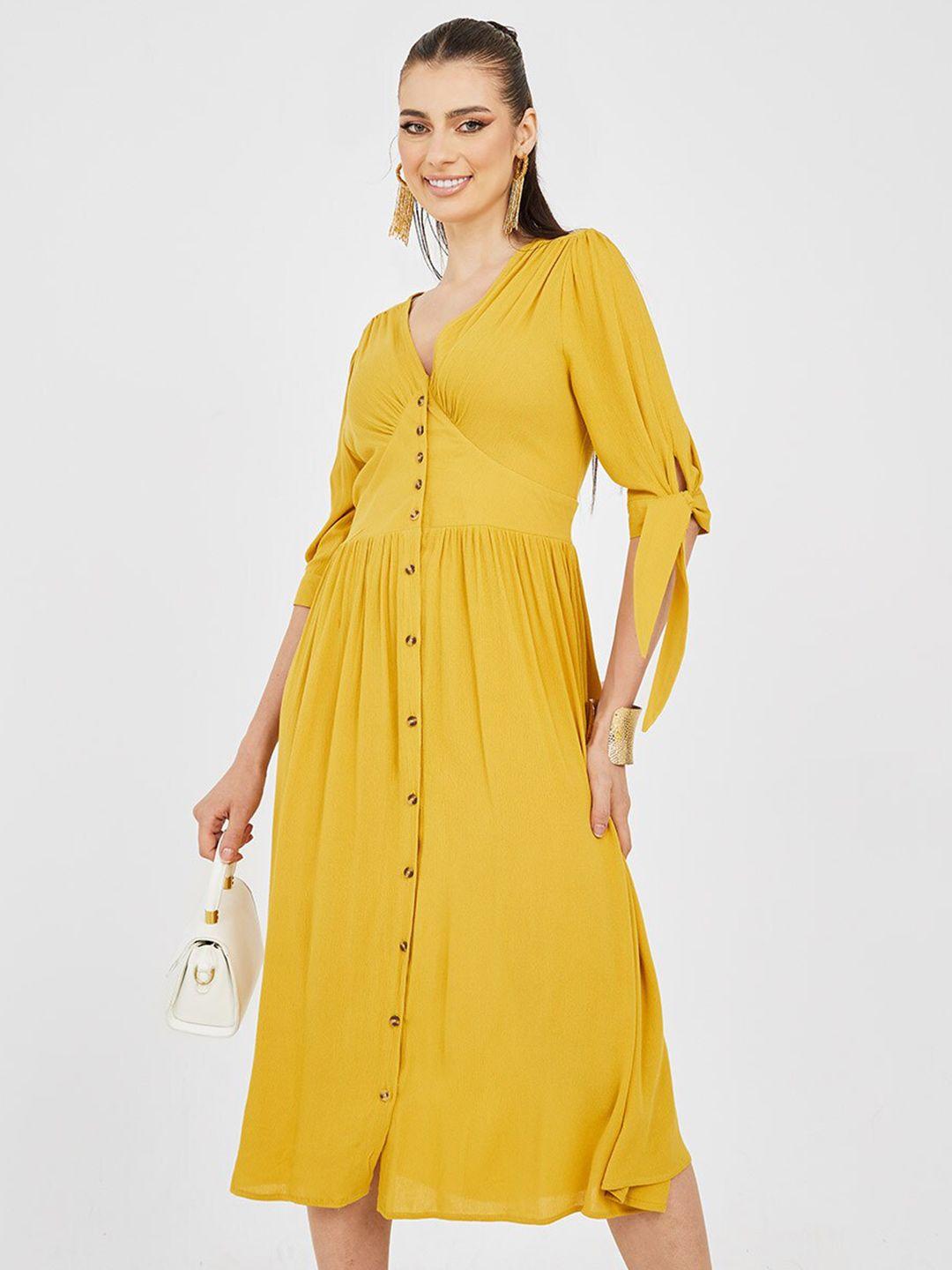 styli yellow v-neck puff sleeve fit & flare midi dress