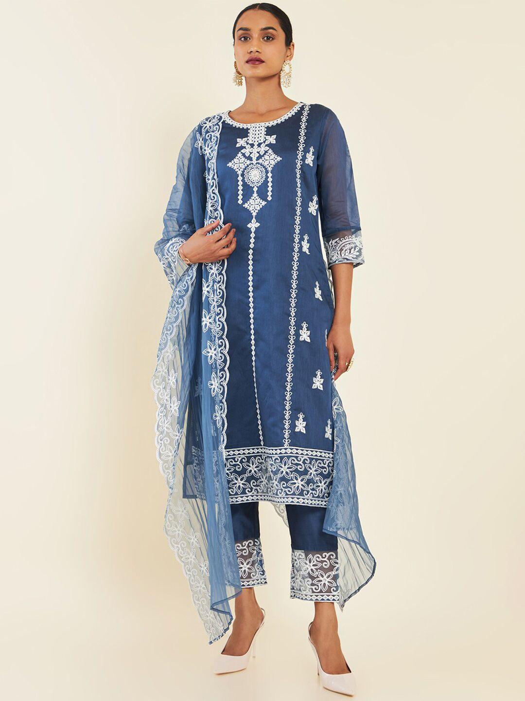 soch floral embroidered thread work chanderi silk kurta with trousers & dupatta