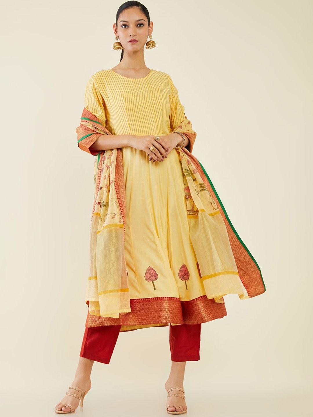 soch yellow & red striped regular linen kurta with trousers & dupatta