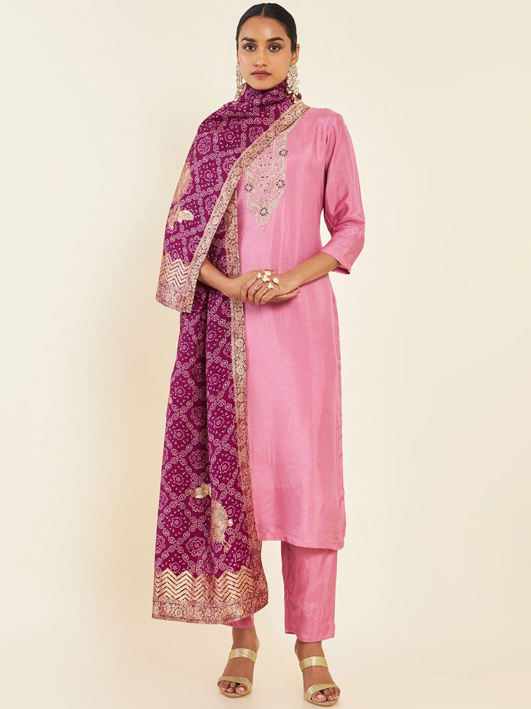 soch pink & purple floral embroidered yoke design kurta with trousers & dupatta