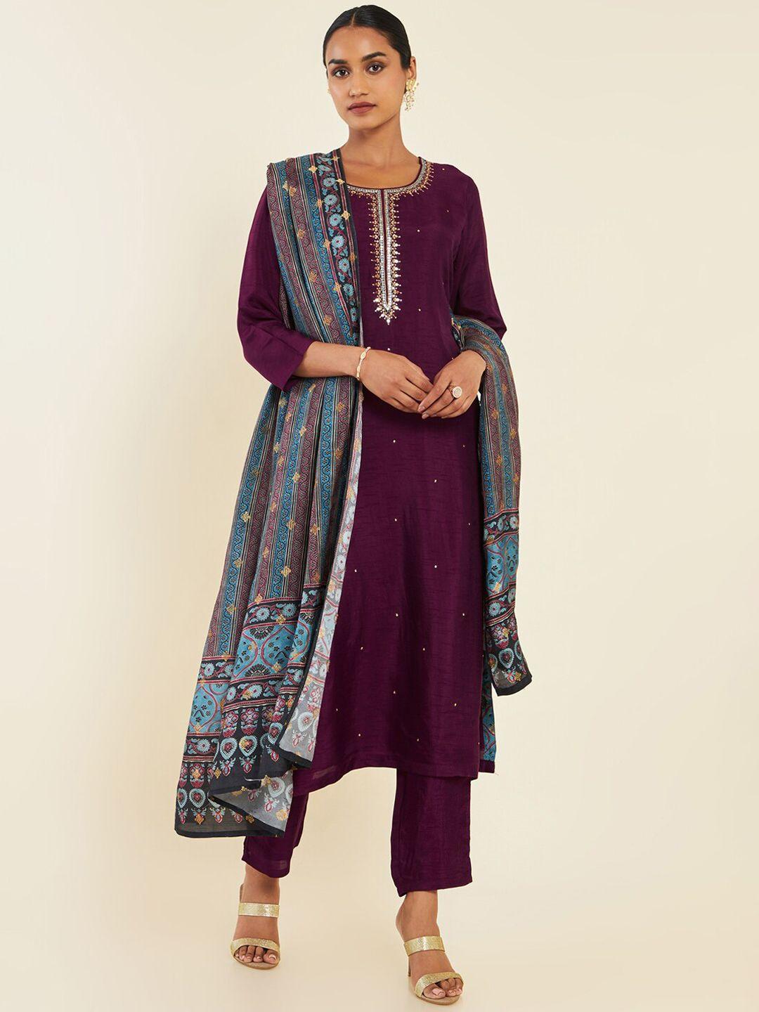 soch floral yoke design regular kurta with trousers & printed dupatta