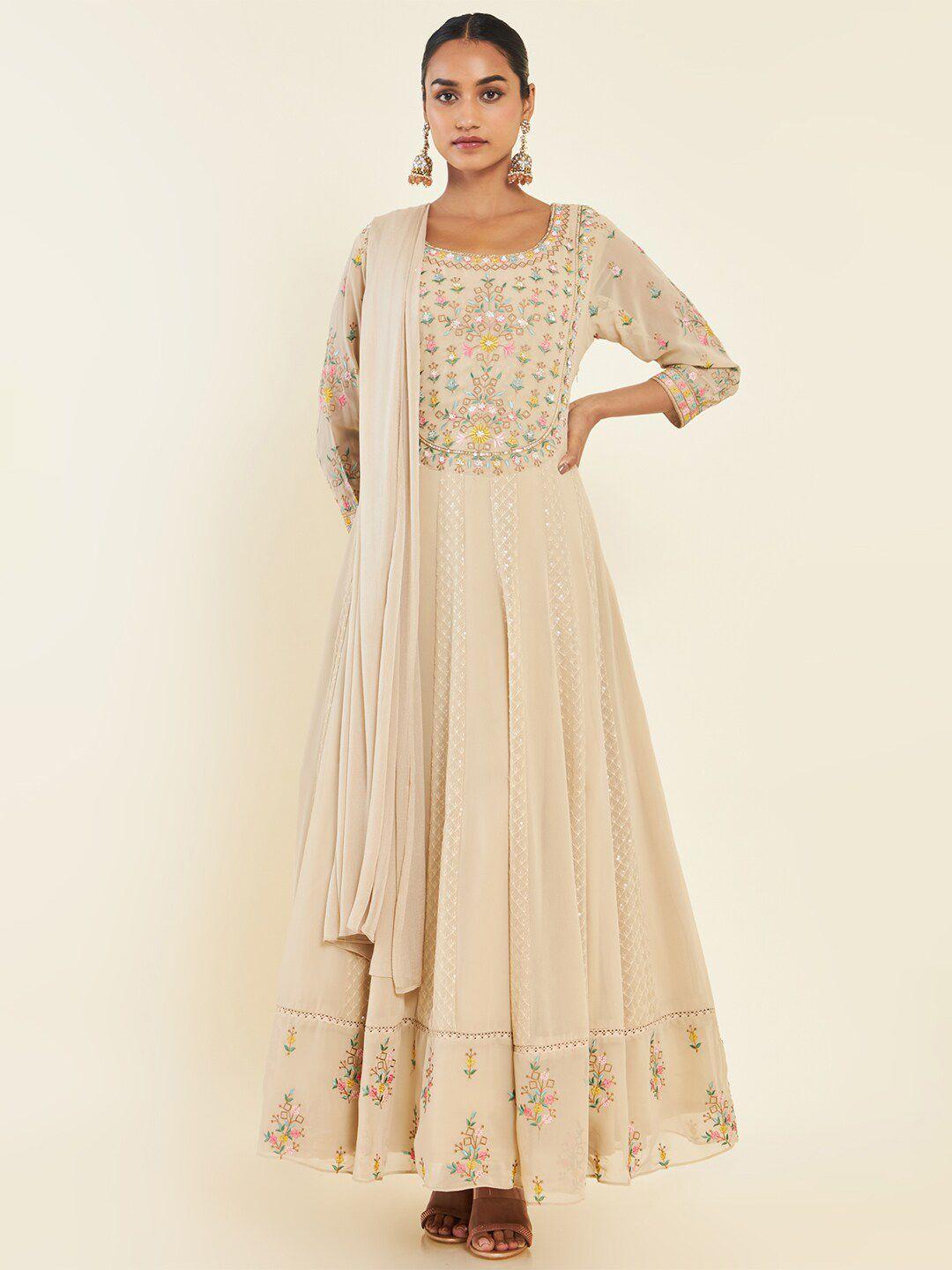 soch beige floral embroidered georgette anarkali kurta and churidar with dupatta