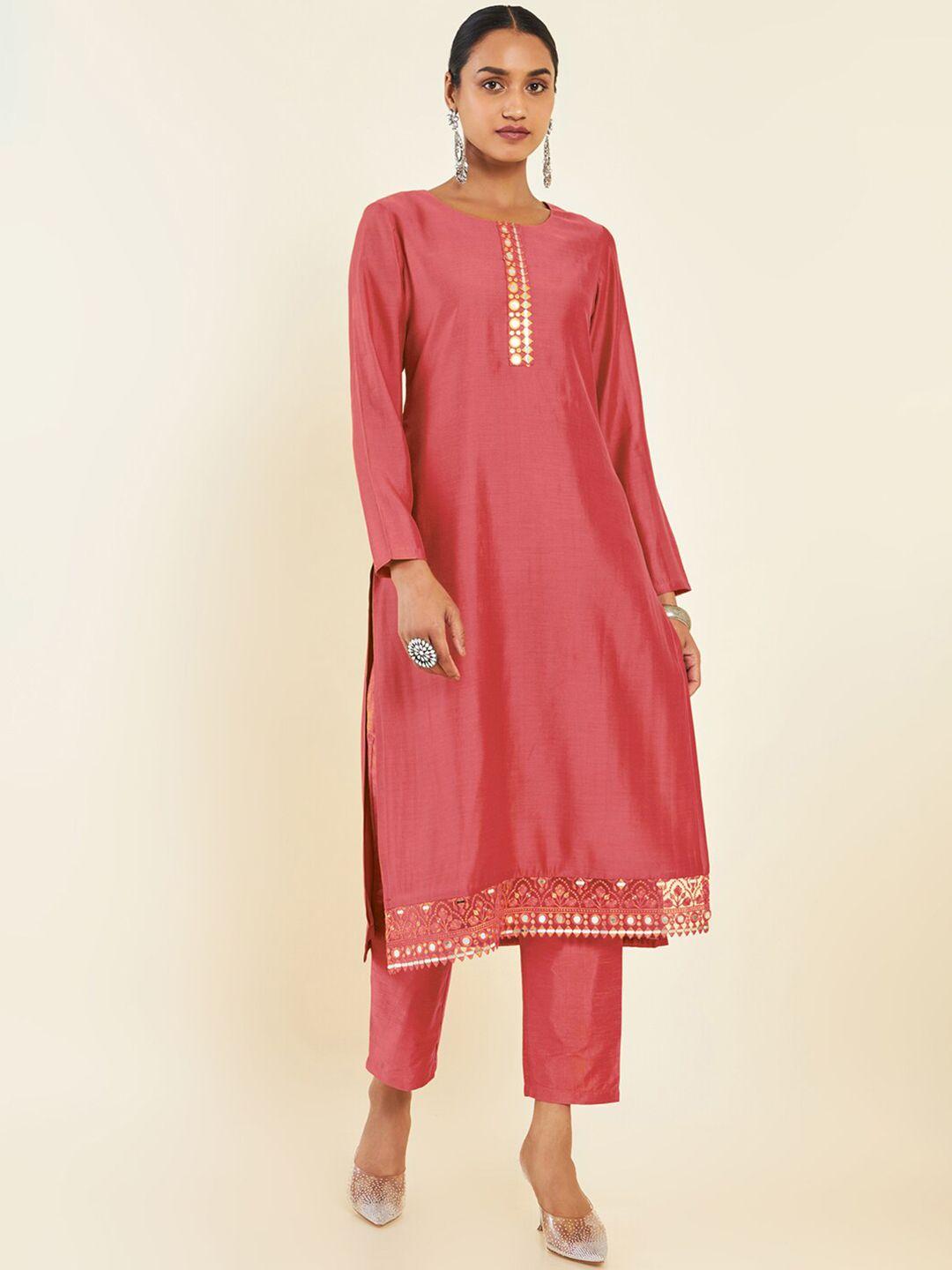 soch round neck mirror work chanderi silk kurta with trousers