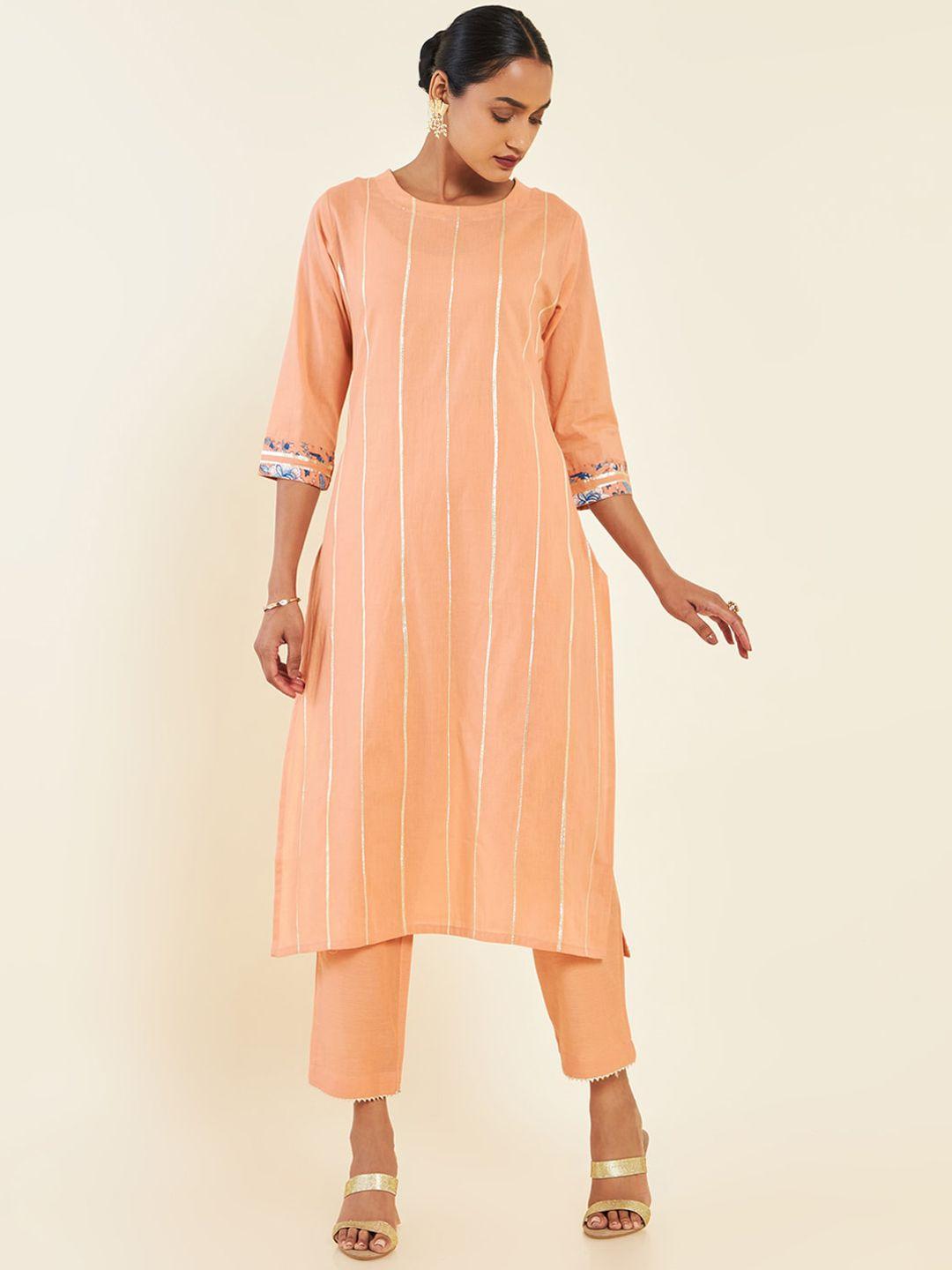 soch peach striped regular pure cotton kurta with trousers