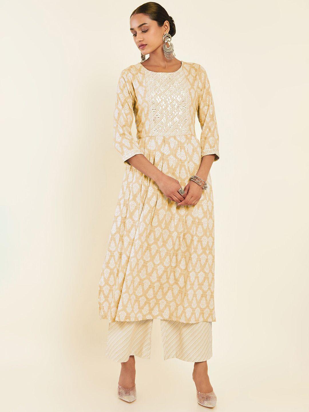 soch mustard yellow & white ethnic motifs printed regular kurta with palazzos