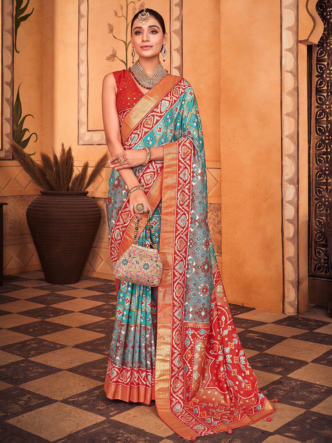 anouk turquoise blue & red ethnic motifs printed zari patola saree