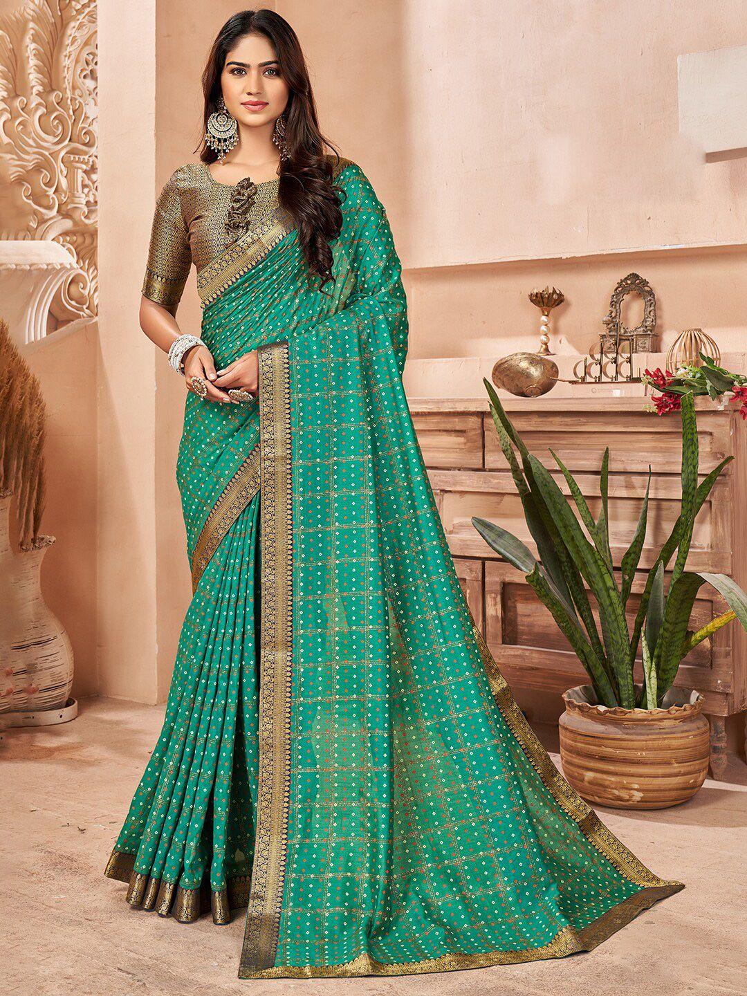 anouk teal green & red bandhani printed zari saree