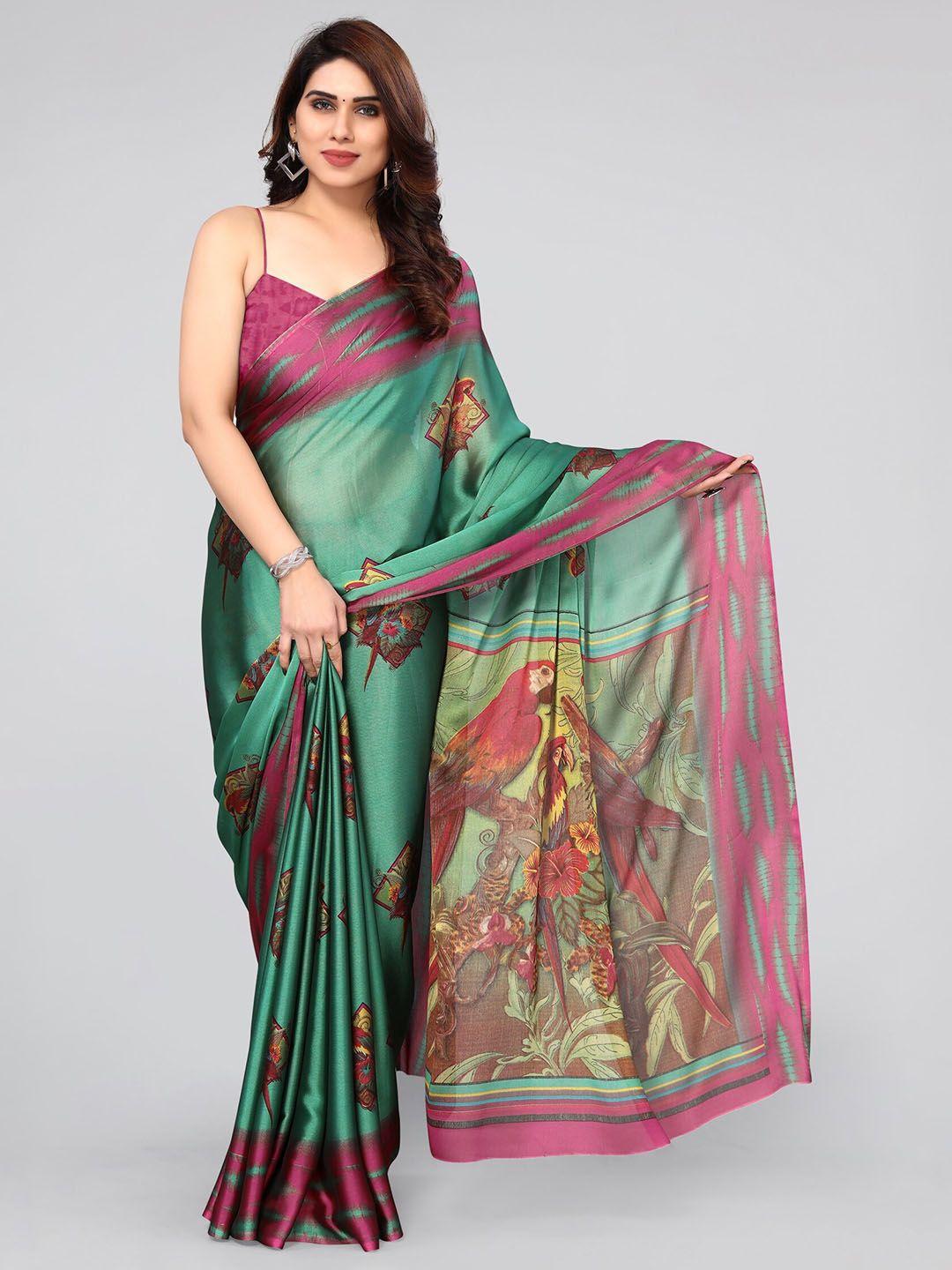 mirchi fashion teal green & purple ethnic motifs printed saree