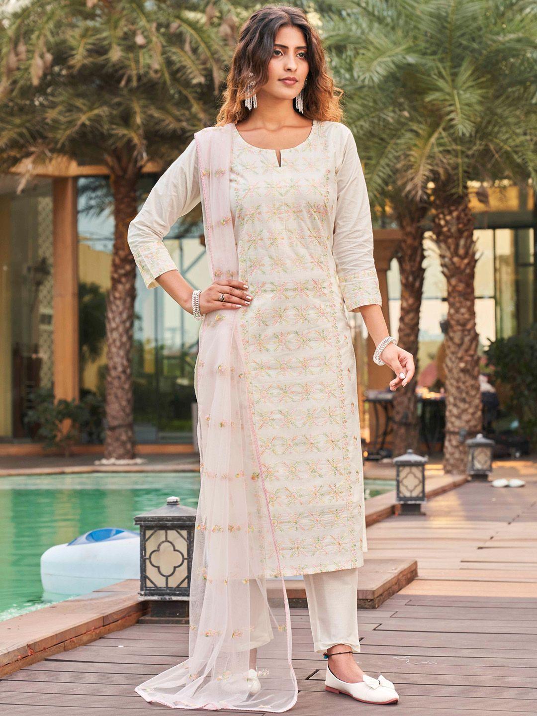 tikhi imli off white & pink ethnic embroidered pure cotton kurta with trousers & dupatta