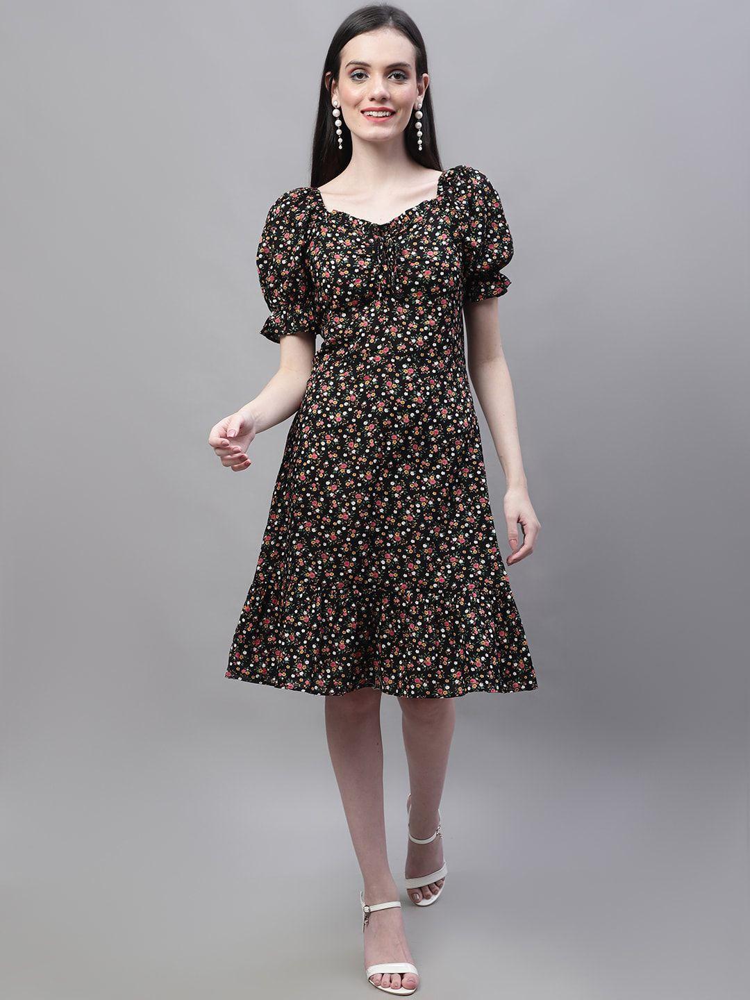 marc louis floral printed sweetheart neck puff sleeve a-line dress