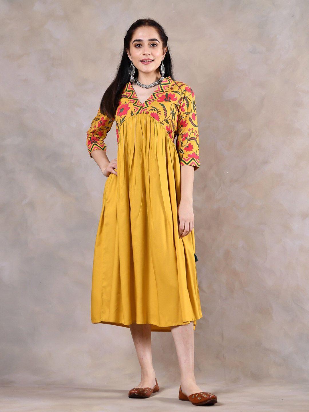 rustorange floral printed gathered or pleated a-line flared midi ethnic dresses