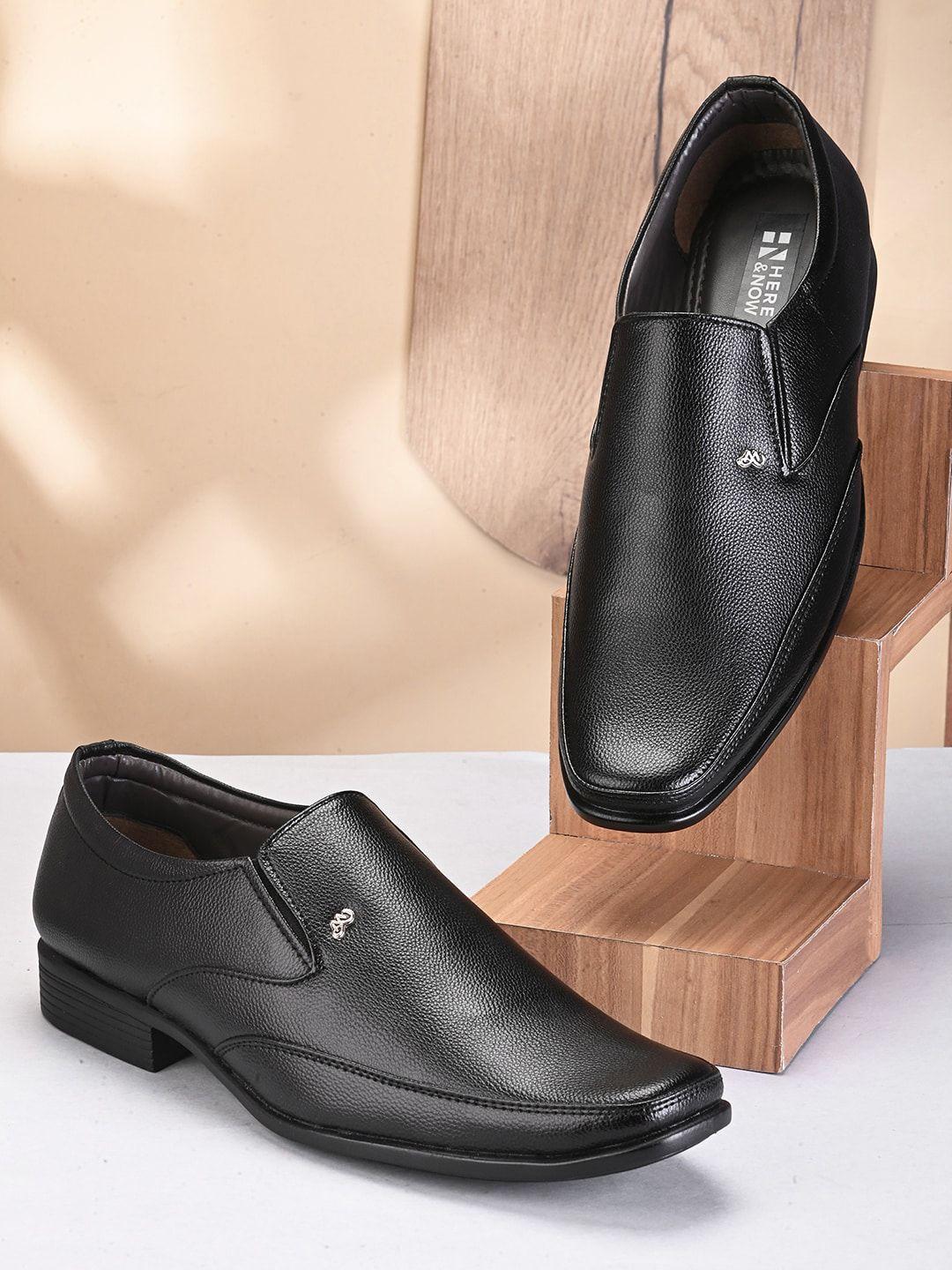 here&now men black textured formal slip-on shoes