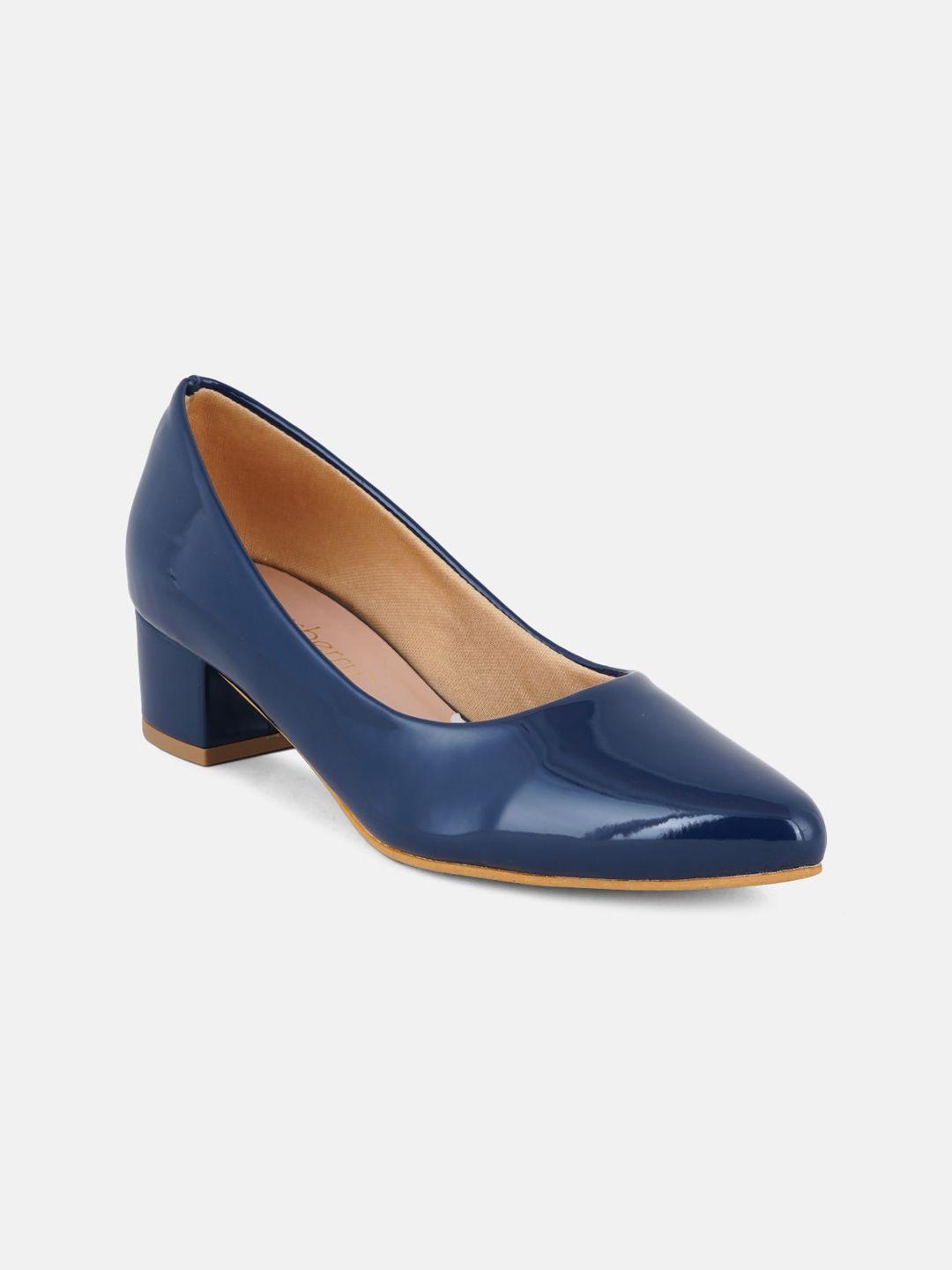 dressberry navy blue pointed toe block heel pumps