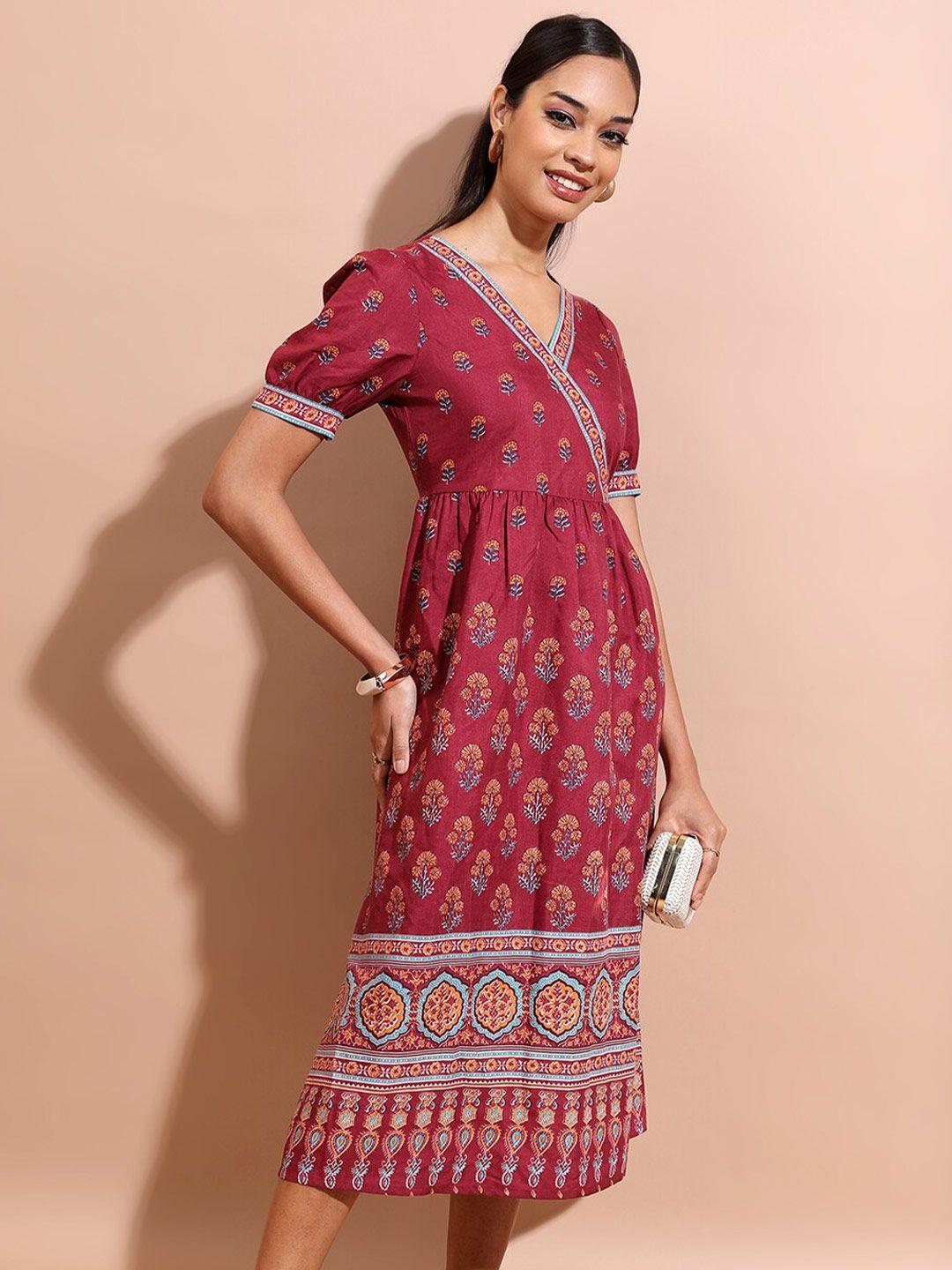 vishudh maroon floral printed a-line midi dress